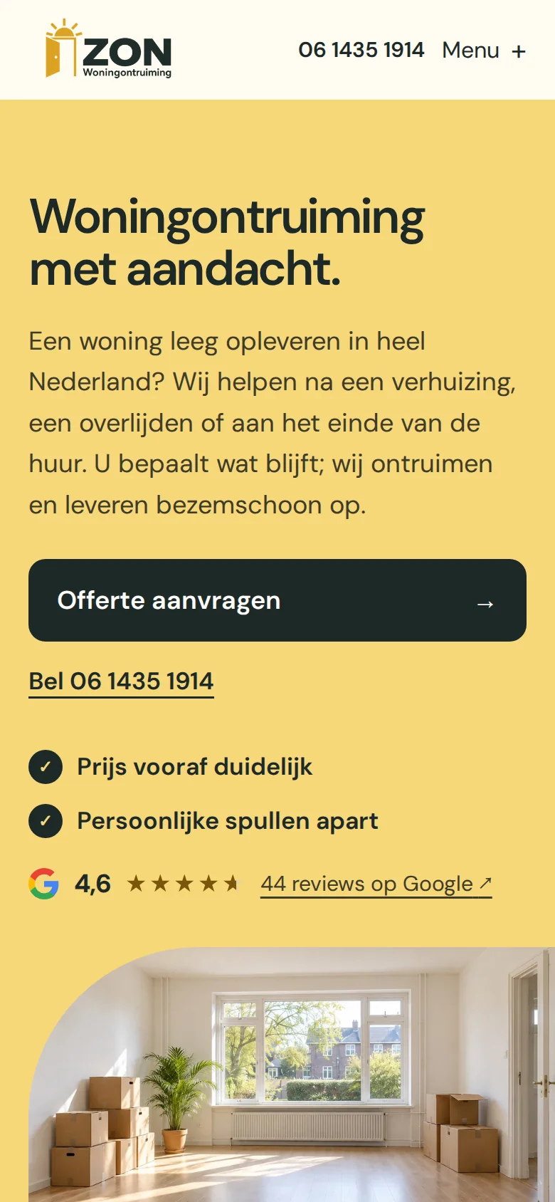 De website van Zon Woningontruiming op een telefoon, met tekst en beeld onder elkaar